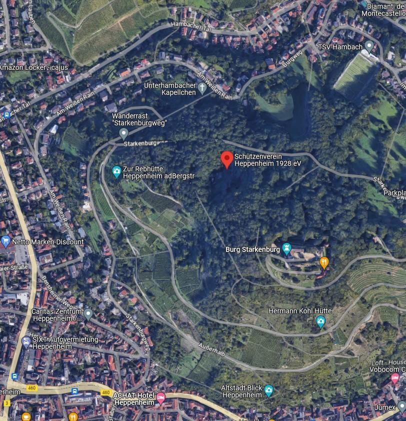 Anfahrtskarte mit markiertem Vereinsgelände am Starkenburgweg